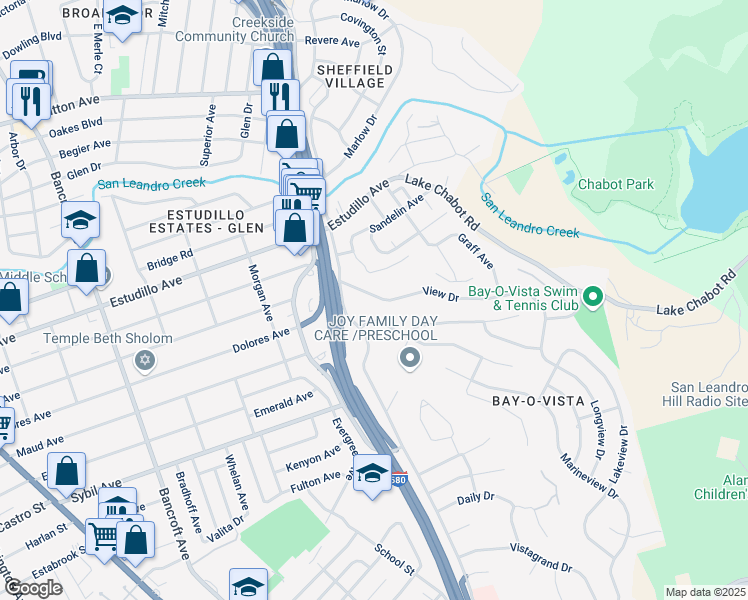 map of restaurants, bars, coffee shops, grocery stores, and more near 1301 View Drive in San Leandro