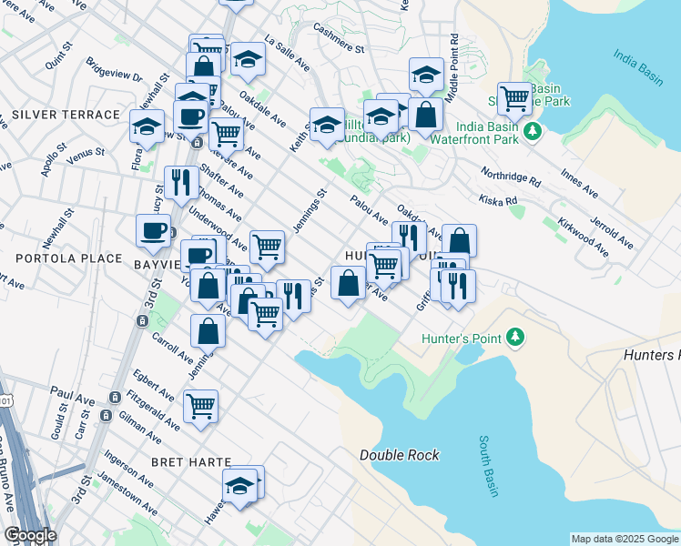 map of restaurants, bars, coffee shops, grocery stores, and more near 1279 Shafter Avenue in San Francisco