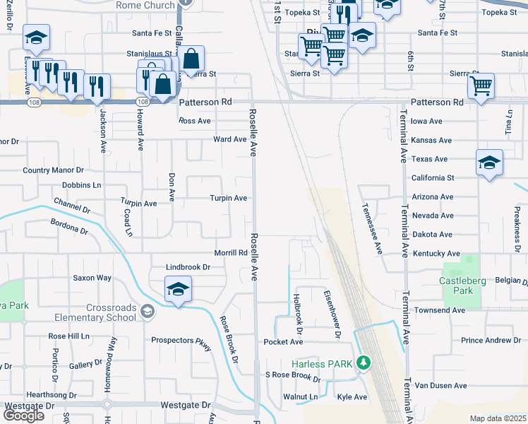 map of restaurants, bars, coffee shops, grocery stores, and more near 6125 Roselle Avenue in Riverbank