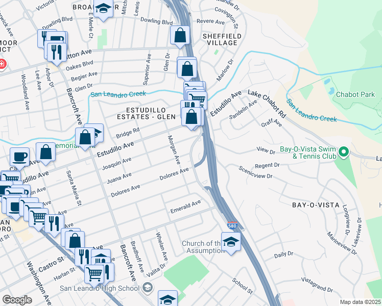 map of restaurants, bars, coffee shops, grocery stores, and more near Grand Avenue & Juana Avenue in San Leandro