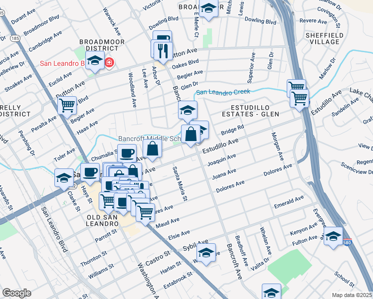 map of restaurants, bars, coffee shops, grocery stores, and more near 566 Estudillo Avenue in San Leandro