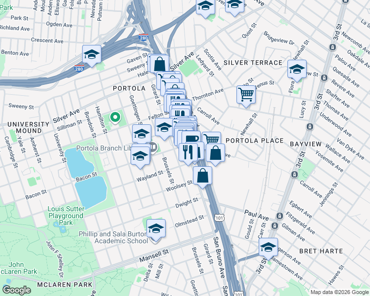 map of restaurants, bars, coffee shops, grocery stores, and more near 2708 San Bruno Avenue in San Francisco