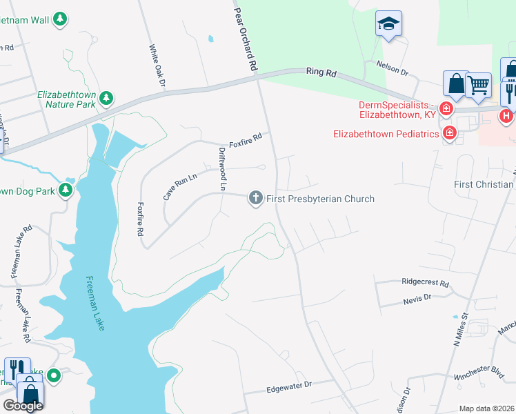 map of restaurants, bars, coffee shops, grocery stores, and more near 819 Foxfire Road in Elizabethtown