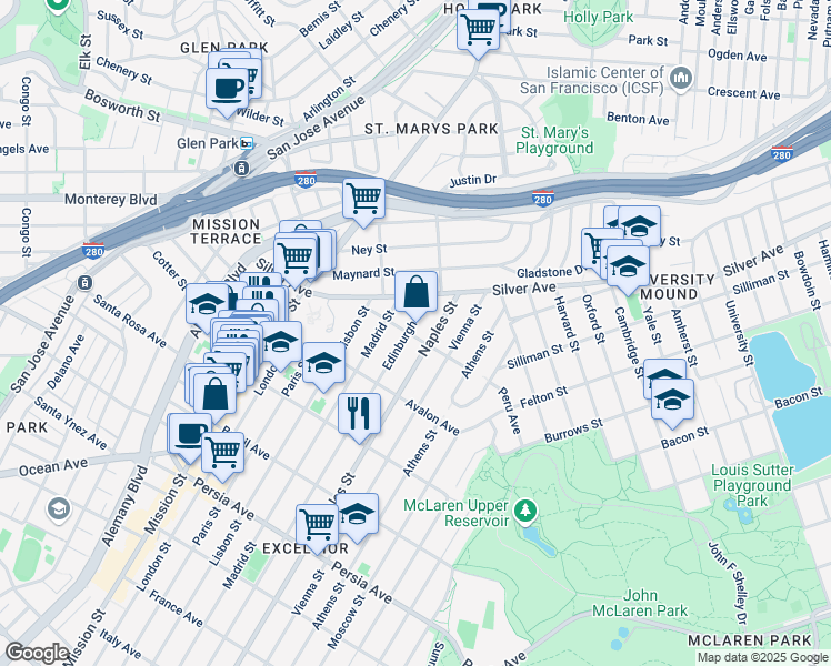 map of restaurants, bars, coffee shops, grocery stores, and more near 50 Edinburgh Street in San Francisco