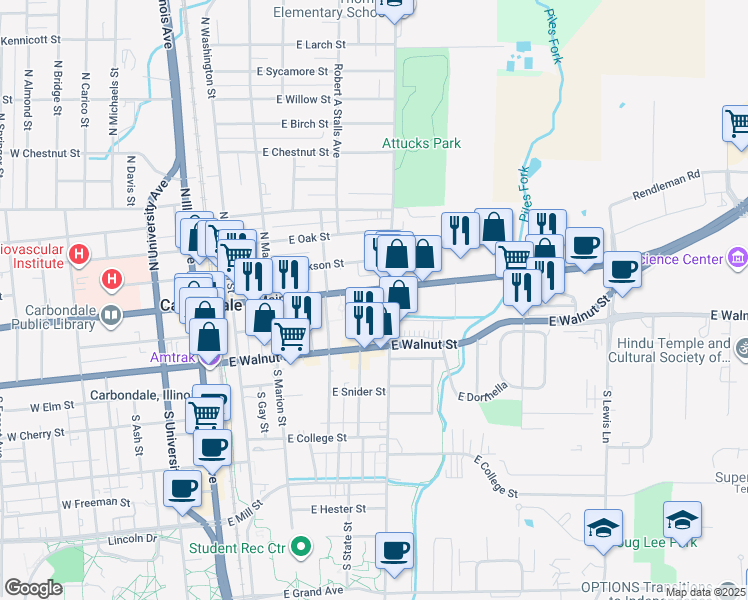 map of restaurants, bars, coffee shops, grocery stores, and more near 417 East Main Street in Carbondale