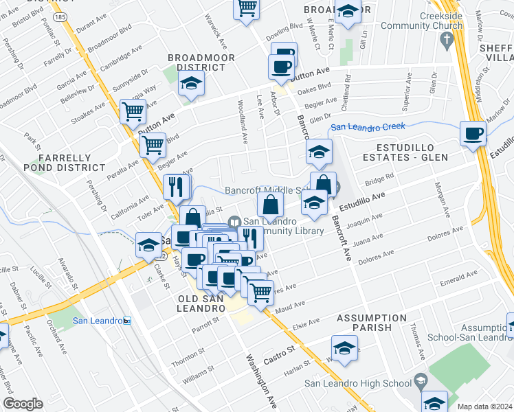 map of restaurants, bars, coffee shops, grocery stores, and more near 414 Callan Ave in San Leandro