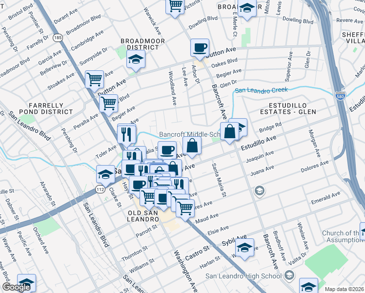 map of restaurants, bars, coffee shops, grocery stores, and more near 414 Callan Avenue in San Leandro