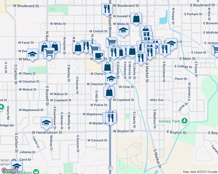 map of restaurants, bars, coffee shops, grocery stores, and more near 800 West Chestnut Street in Marion