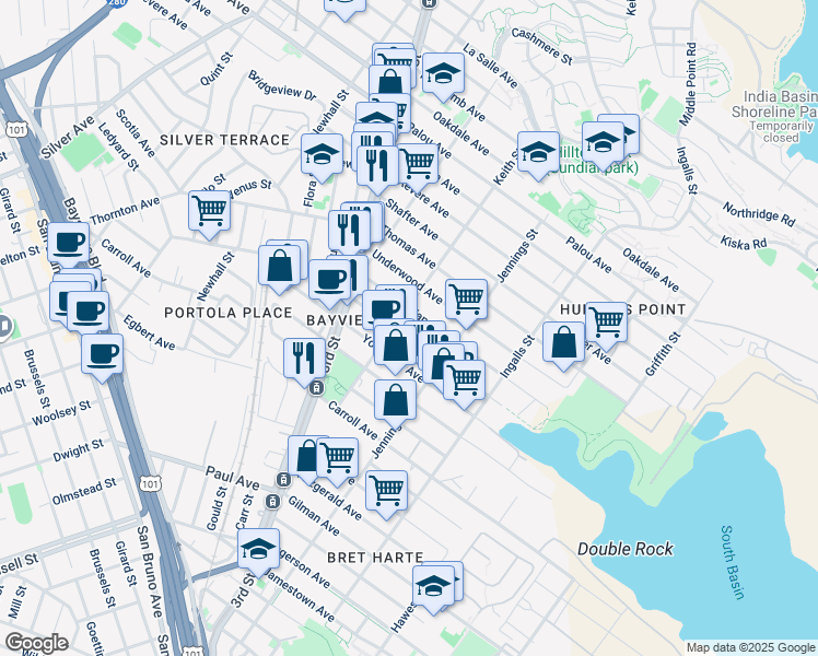 map of restaurants, bars, coffee shops, grocery stores, and more near 1507 Van Dyke Avenue in San Francisco