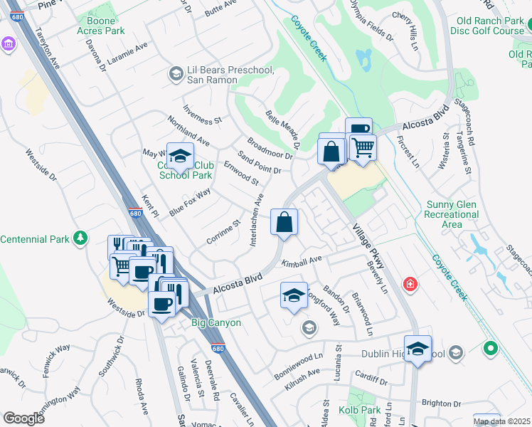 map of restaurants, bars, coffee shops, grocery stores, and more near 9085 Alcosta Boulevard in San Ramon