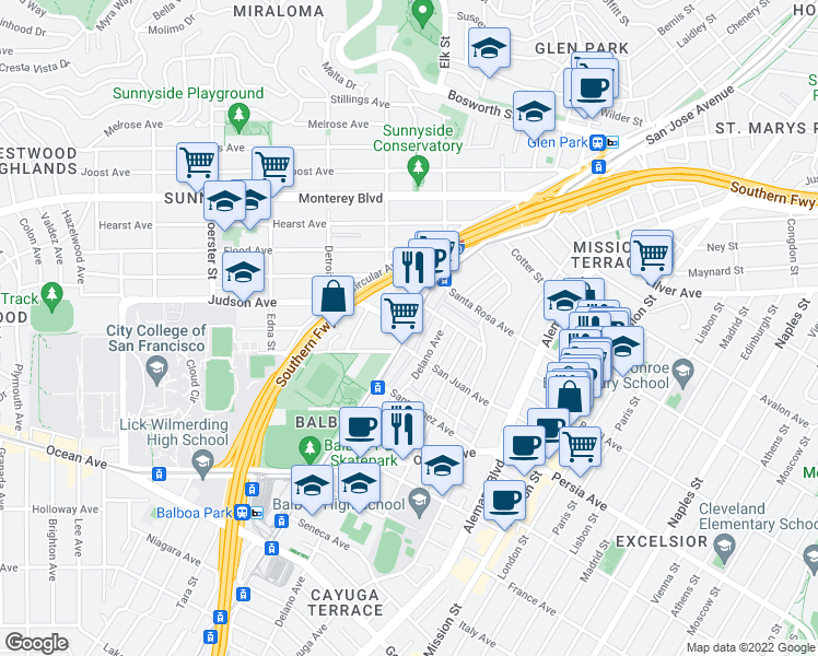map of restaurants, bars, coffee shops, grocery stores, and more near San Jose Avenue & Paulding Street in San Francisco