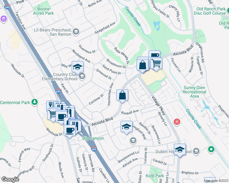 map of restaurants, bars, coffee shops, grocery stores, and more near 9085 Alcosta Boulevard in San Ramon