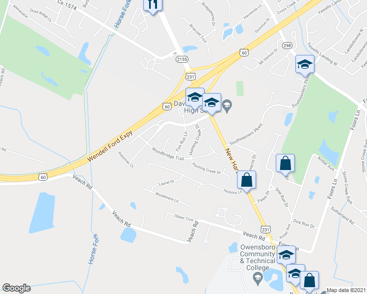 map of restaurants, bars, coffee shops, grocery stores, and more near 4149 Fox Run Lane in Owensboro