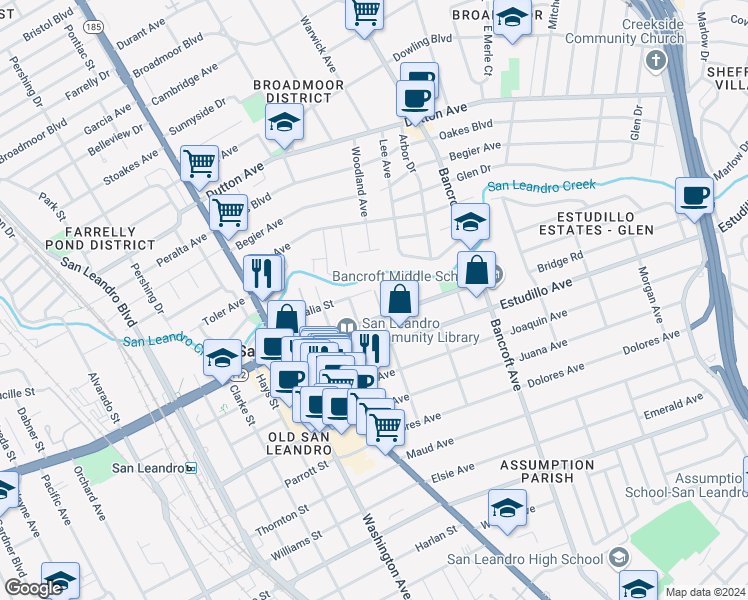 map of restaurants, bars, coffee shops, grocery stores, and more near 424 Callan Avenue in San Leandro