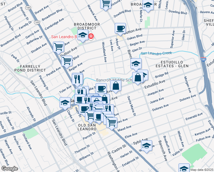 map of restaurants, bars, coffee shops, grocery stores, and more near 424 Callan Avenue in San Leandro