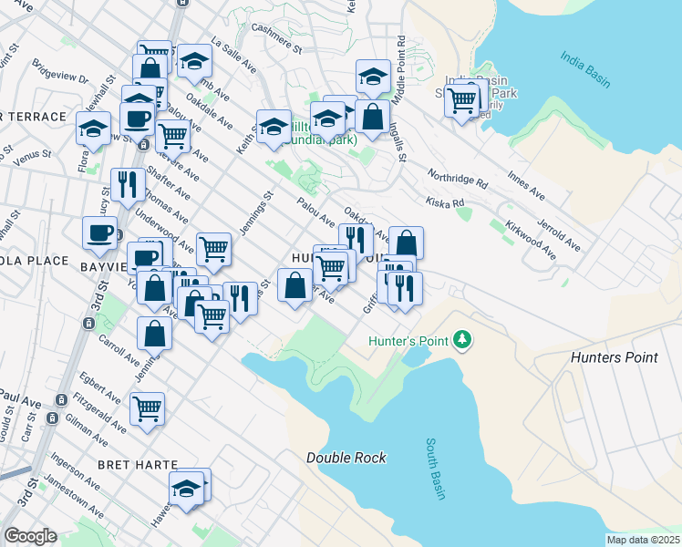 map of restaurants, bars, coffee shops, grocery stores, and more near 1191 Quesada Avenue in San Francisco
