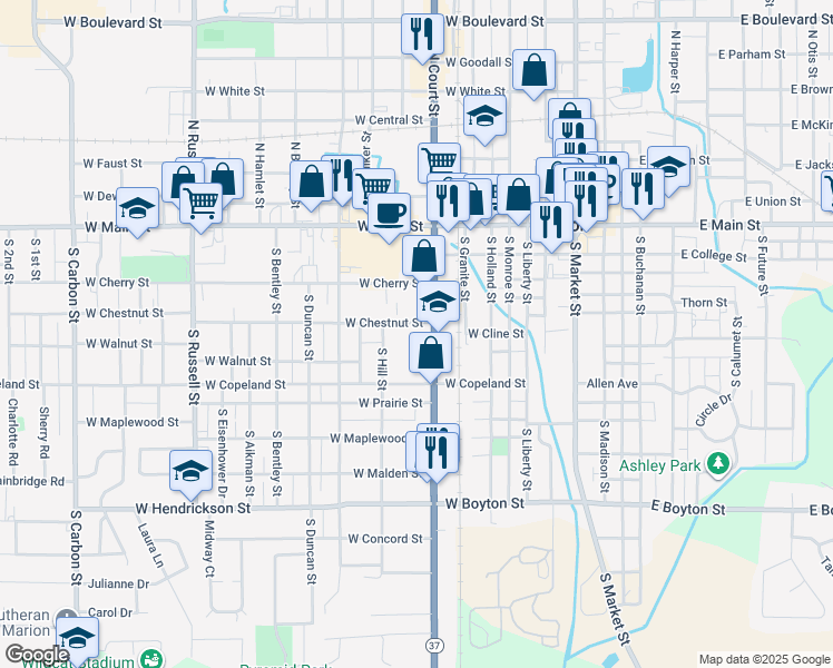 map of restaurants, bars, coffee shops, grocery stores, and more near 800-898 West Chestnut Street in Marion