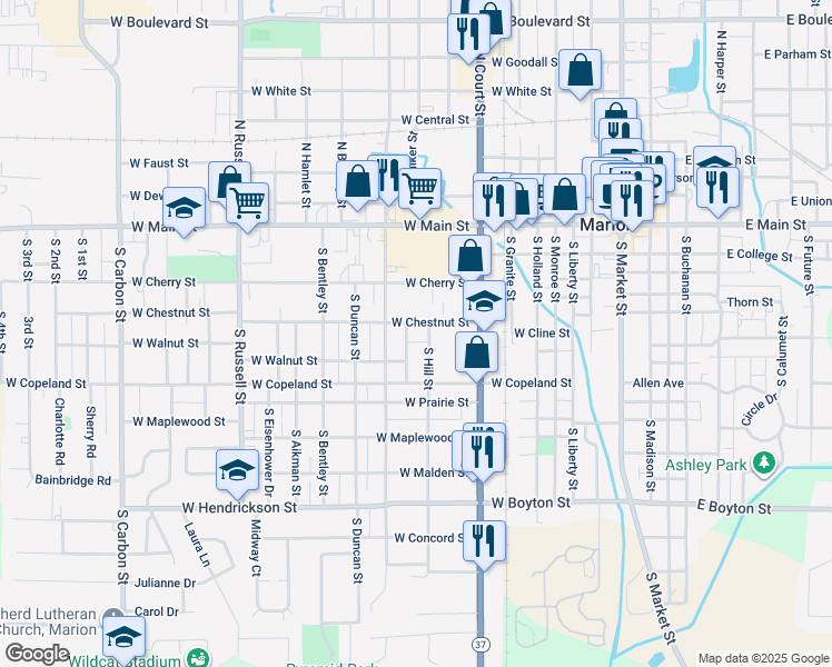 map of restaurants, bars, coffee shops, grocery stores, and more near 904 West Chestnut Street in Marion