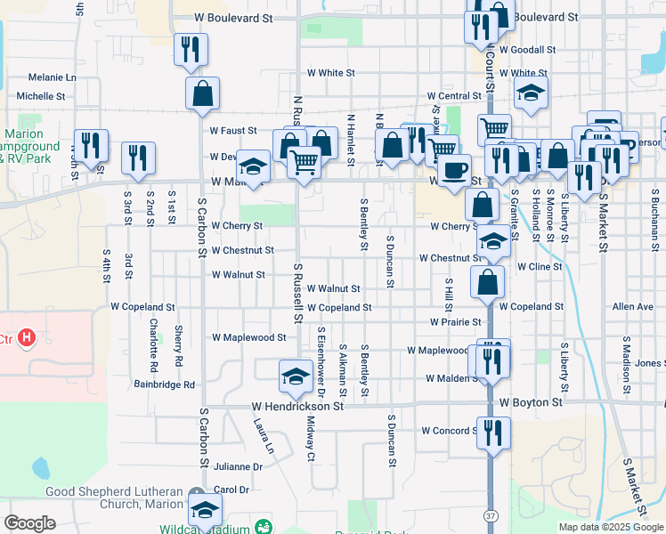 map of restaurants, bars, coffee shops, grocery stores, and more near 1208 West Chestnut Street in Marion