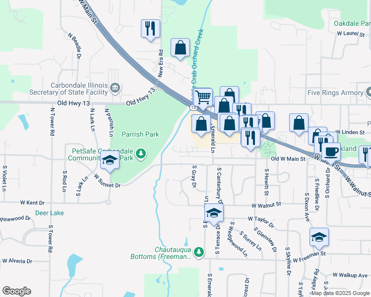 map of restaurants, bars, coffee shops, grocery stores, and more near 2006 West Woodriver Drive in Carbondale