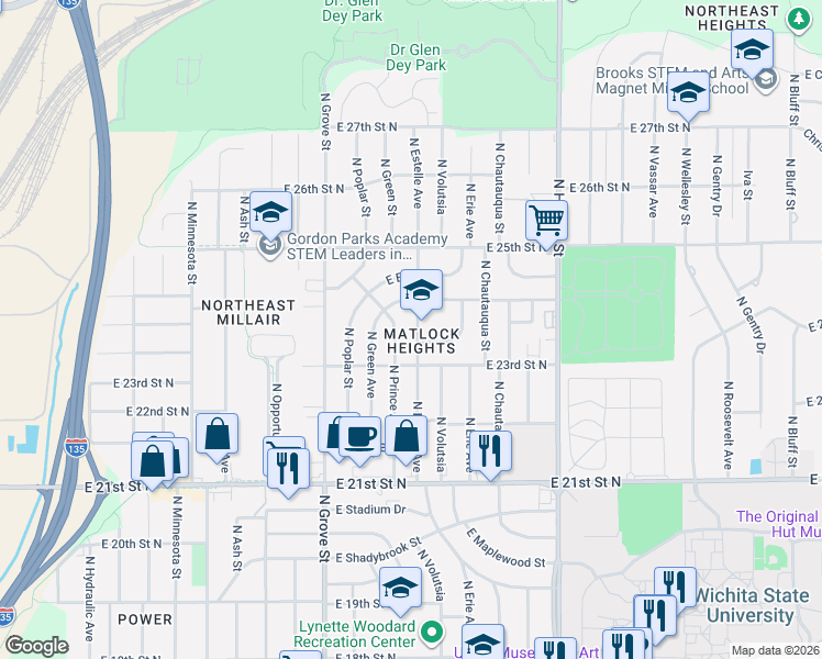 map of restaurants, bars, coffee shops, grocery stores, and more near 2455 North Estelle Street in Wichita