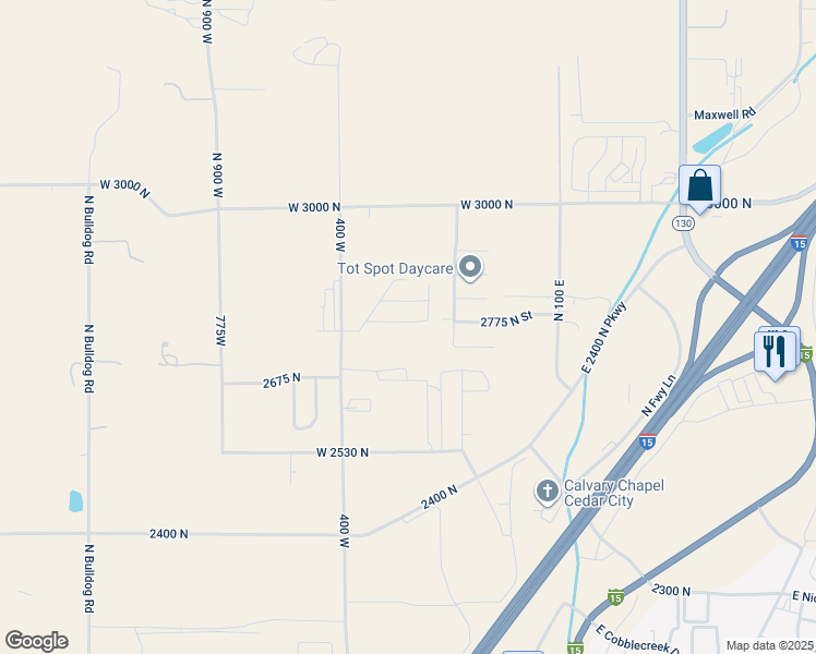 map of restaurants, bars, coffee shops, grocery stores, and more near 341 West Rosie Loop in Cedar City