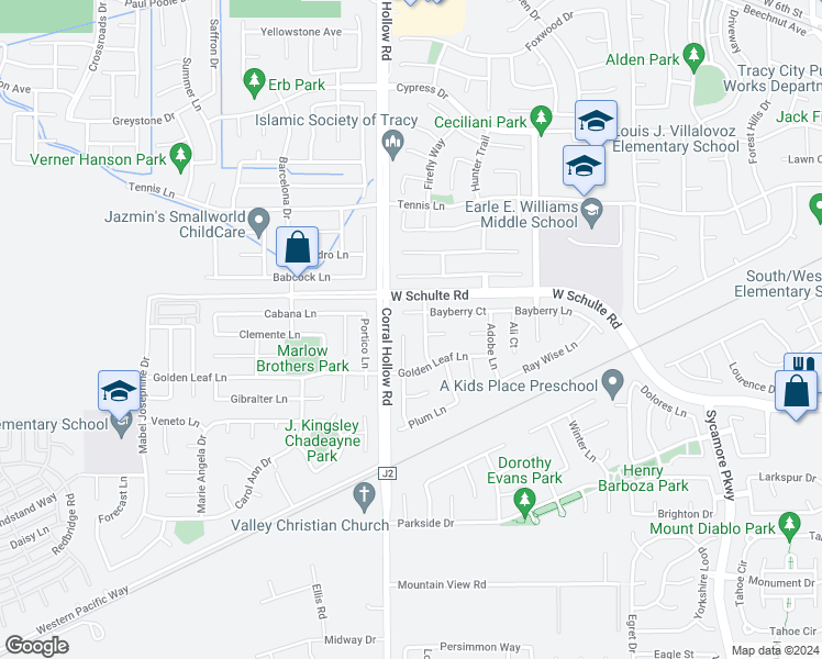 map of restaurants, bars, coffee shops, grocery stores, and more near 140 Edgewood Court in Tracy