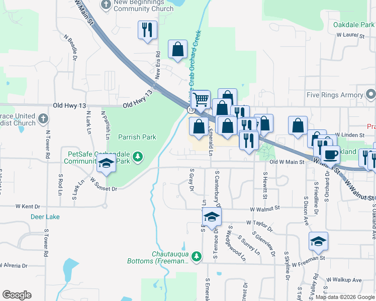 map of restaurants, bars, coffee shops, grocery stores, and more near 2006 West Woodriver Drive in Carbondale