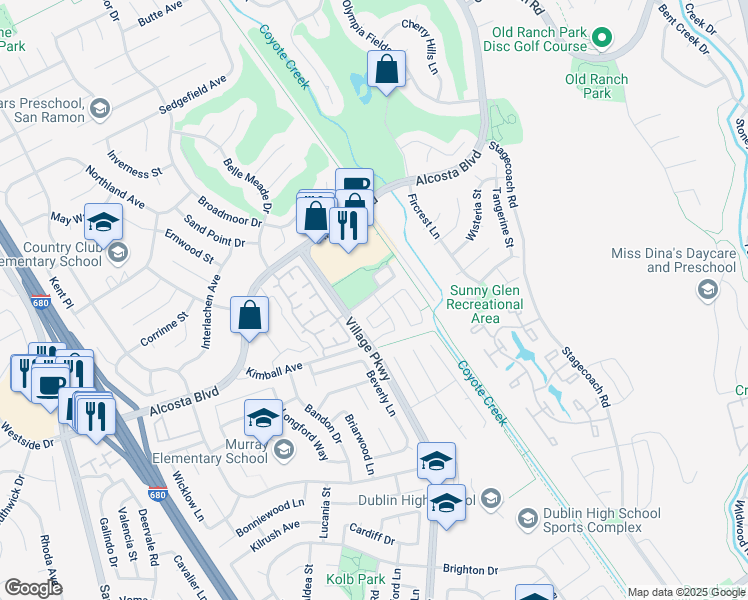 map of restaurants, bars, coffee shops, grocery stores, and more near 112 Triana Way in San Ramon