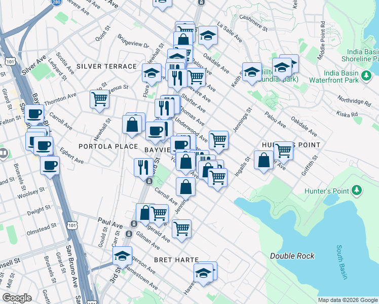 map of restaurants, bars, coffee shops, grocery stores, and more near 1507 Van Dyke Avenue in San Francisco