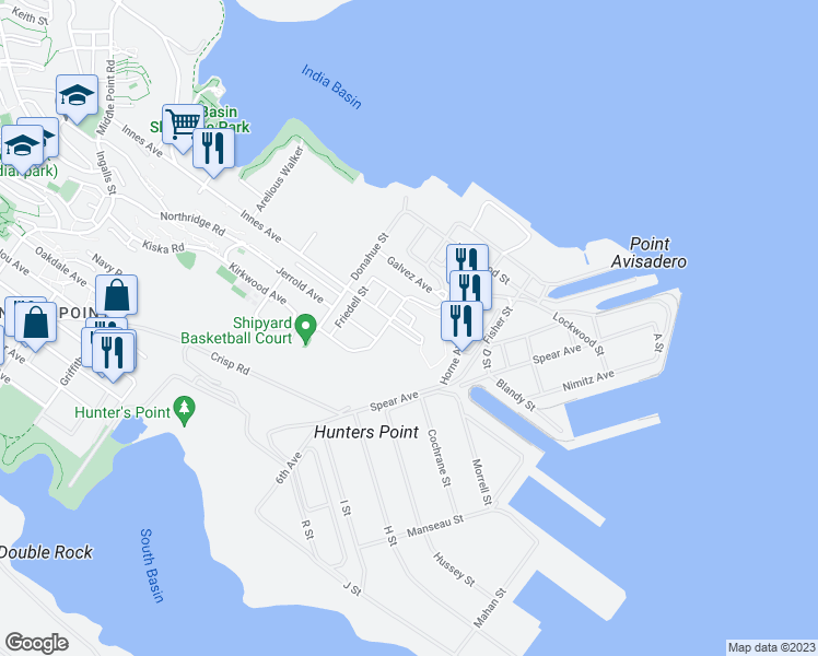 map of restaurants, bars, coffee shops, grocery stores, and more near Innes Court in San Francisco