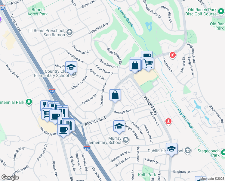 map of restaurants, bars, coffee shops, grocery stores, and more near 9085 Alcosta Boulevard in San Ramon