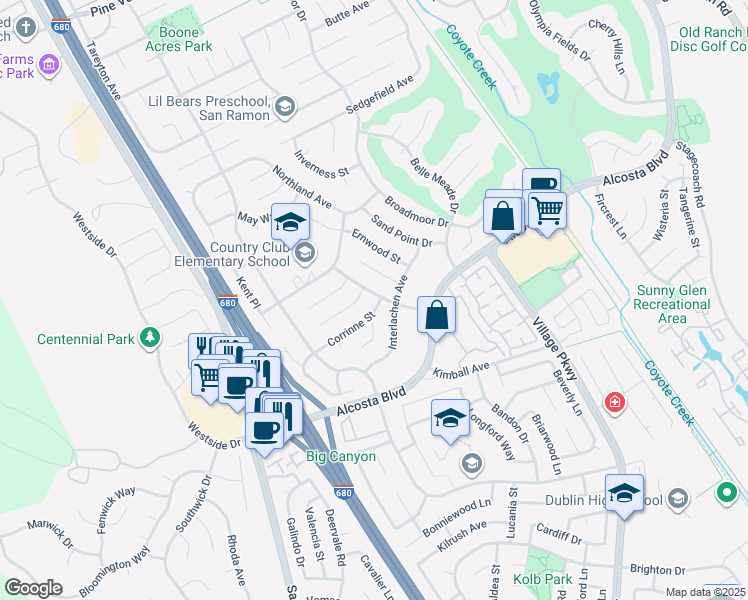 map of restaurants, bars, coffee shops, grocery stores, and more near 7504 Corrinne Street in San Ramon