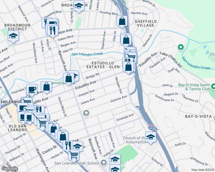 map of restaurants, bars, coffee shops, grocery stores, and more near 860 Joaquin Avenue in San Leandro
