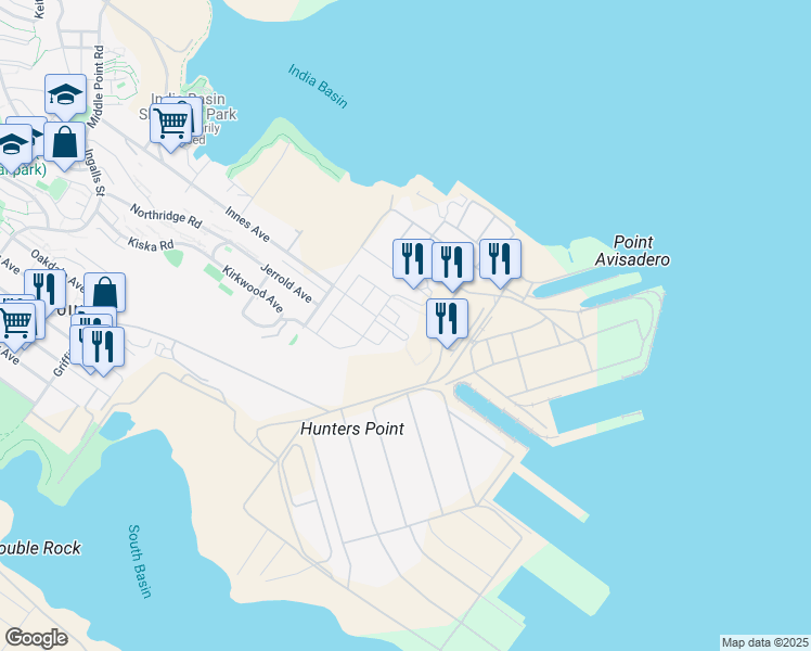 map of restaurants, bars, coffee shops, grocery stores, and more near 52 Innes Court in San Francisco