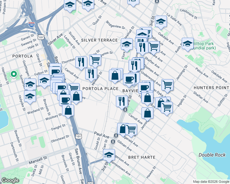 map of restaurants, bars, coffee shops, grocery stores, and more near 1777 Armstrong Avenue in San Francisco