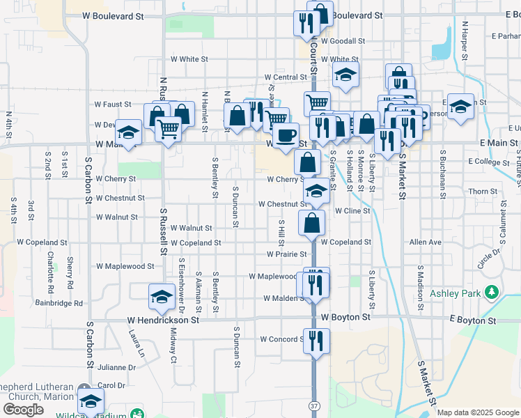 map of restaurants, bars, coffee shops, grocery stores, and more near 318 South Vicksburg Street in Marion