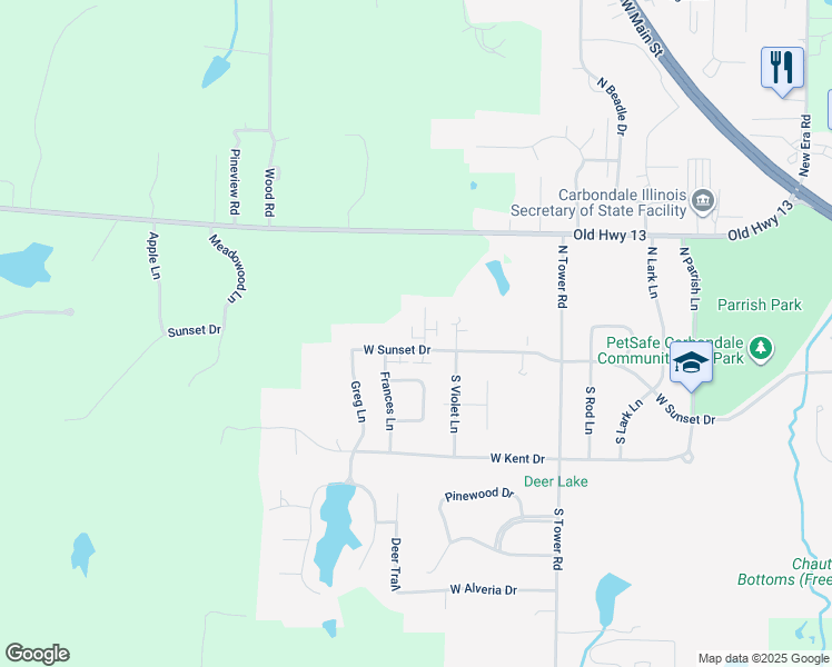 map of restaurants, bars, coffee shops, grocery stores, and more near 108 Gordon Lane in Carbondale