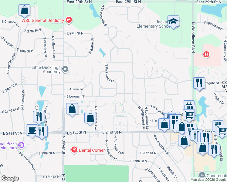 map of restaurants, bars, coffee shops, grocery stores, and more near 5406 East Arlene Street in Wichita