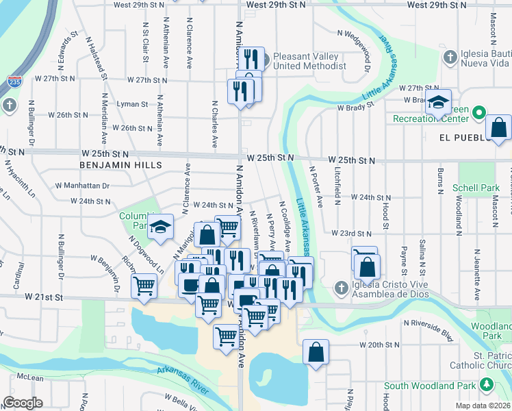 map of restaurants, bars, coffee shops, grocery stores, and more near 1912 West 24th Street North in Wichita