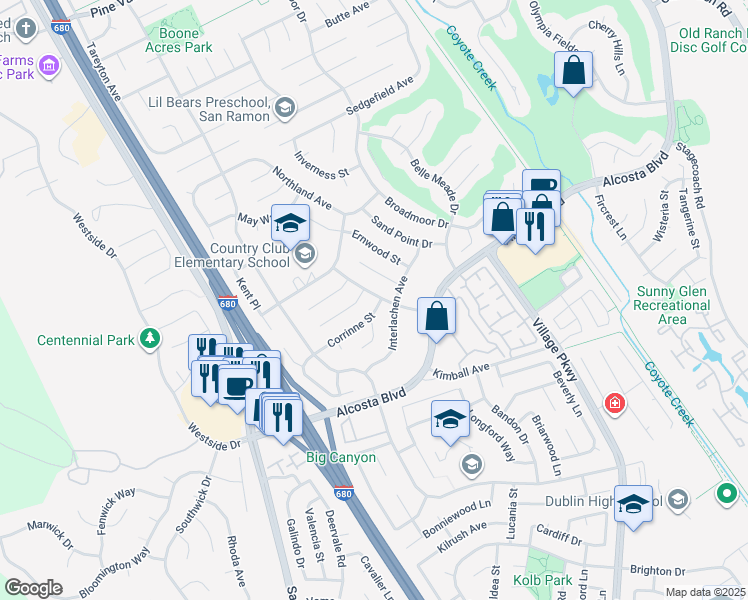 map of restaurants, bars, coffee shops, grocery stores, and more near 7504 Corrinne Street in San Ramon