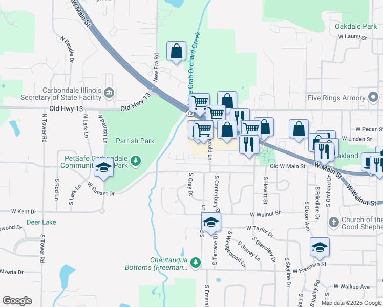 map of restaurants, bars, coffee shops, grocery stores, and more near 2006 West Woodriver Drive in Carbondale