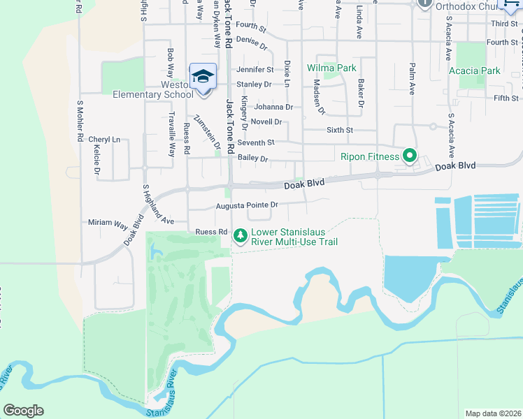 map of restaurants, bars, coffee shops, grocery stores, and more near 1435 Augusta Pointe Drive in Ripon