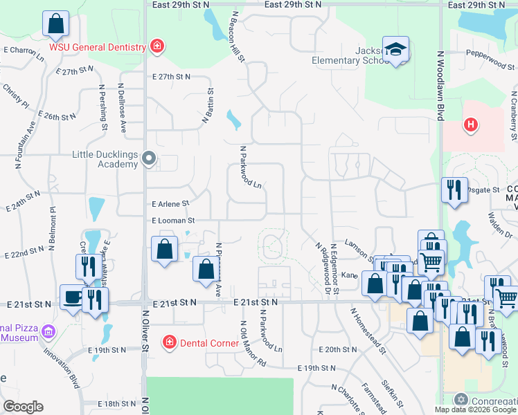 map of restaurants, bars, coffee shops, grocery stores, and more near 5406 East Arlene Street in Wichita