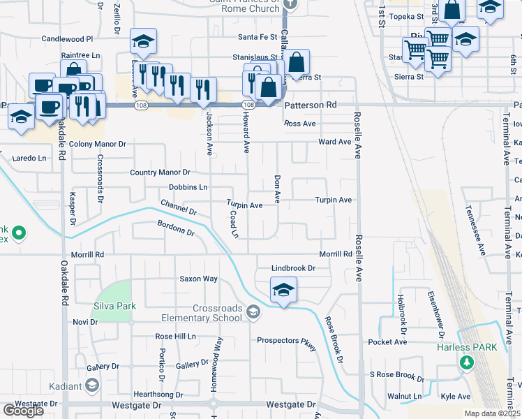 map of restaurants, bars, coffee shops, grocery stores, and more near 2718 Turpin Avenue in Riverbank