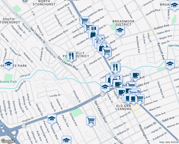 map of restaurants, bars, coffee shops, grocery stores, and more near 297 Lorraine Boulevard in San Leandro