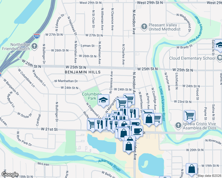 map of restaurants, bars, coffee shops, grocery stores, and more near 2501 North Clarence Avenue in Wichita