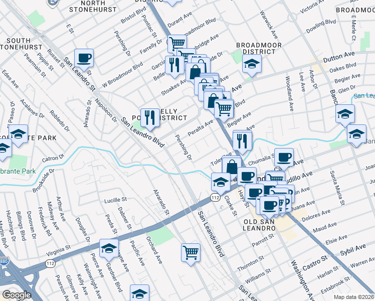 map of restaurants, bars, coffee shops, grocery stores, and more near 297 Lorraine Boulevard in San Leandro