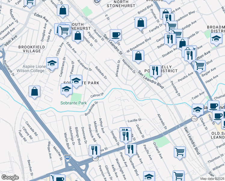 map of restaurants, bars, coffee shops, grocery stores, and more near 654 Catron Drive in Oakland