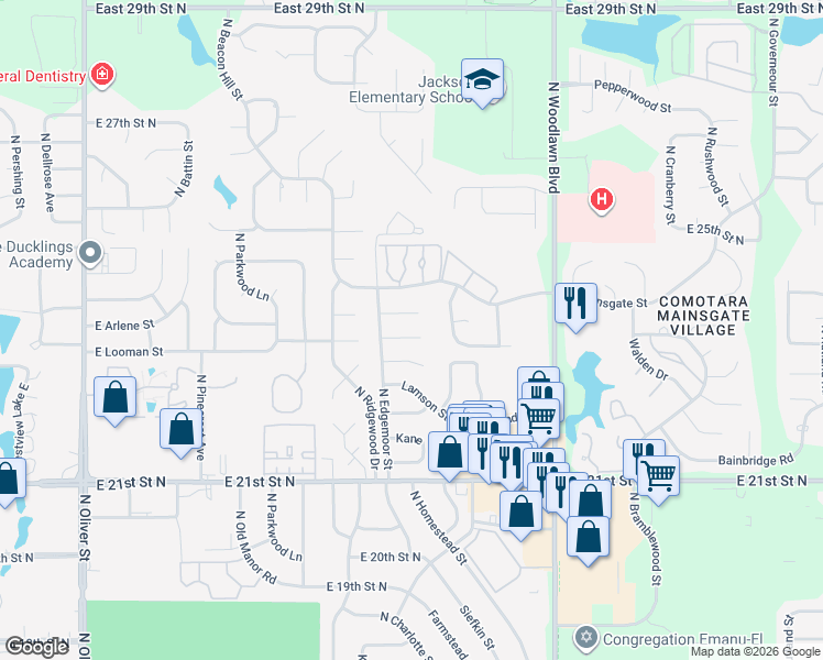map of restaurants, bars, coffee shops, grocery stores, and more near 5749 Ayesbury Circle in Wichita